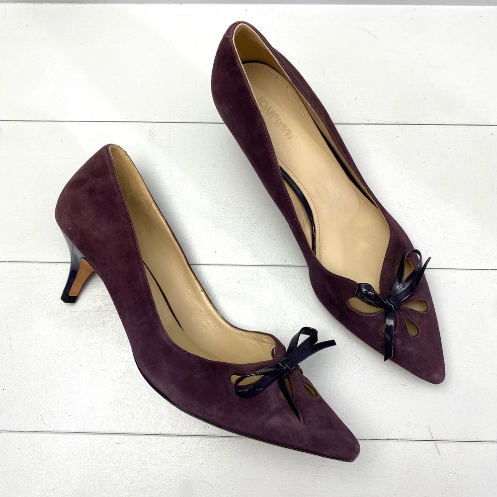 Y2K Joan & David Purple Suede Bow Kitten Heels Womens 8.5 M Pointed Toe Pumps